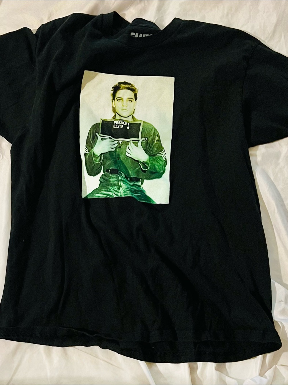 Elvis Presley Army Mug Shot  Short-Sleeve Tee with Green Photo Graphic Men’s XL